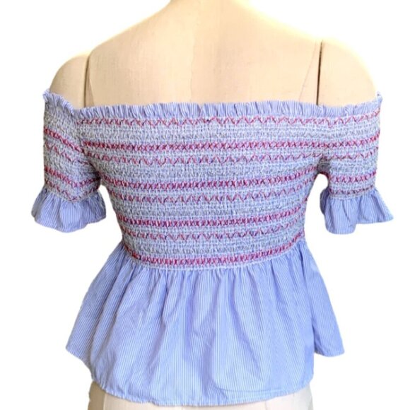 Style Envy Smocked Off Shoulder Ruffle Peplum Babydoll Top M Blue Pinstripe 10G - Picture 4 of 8